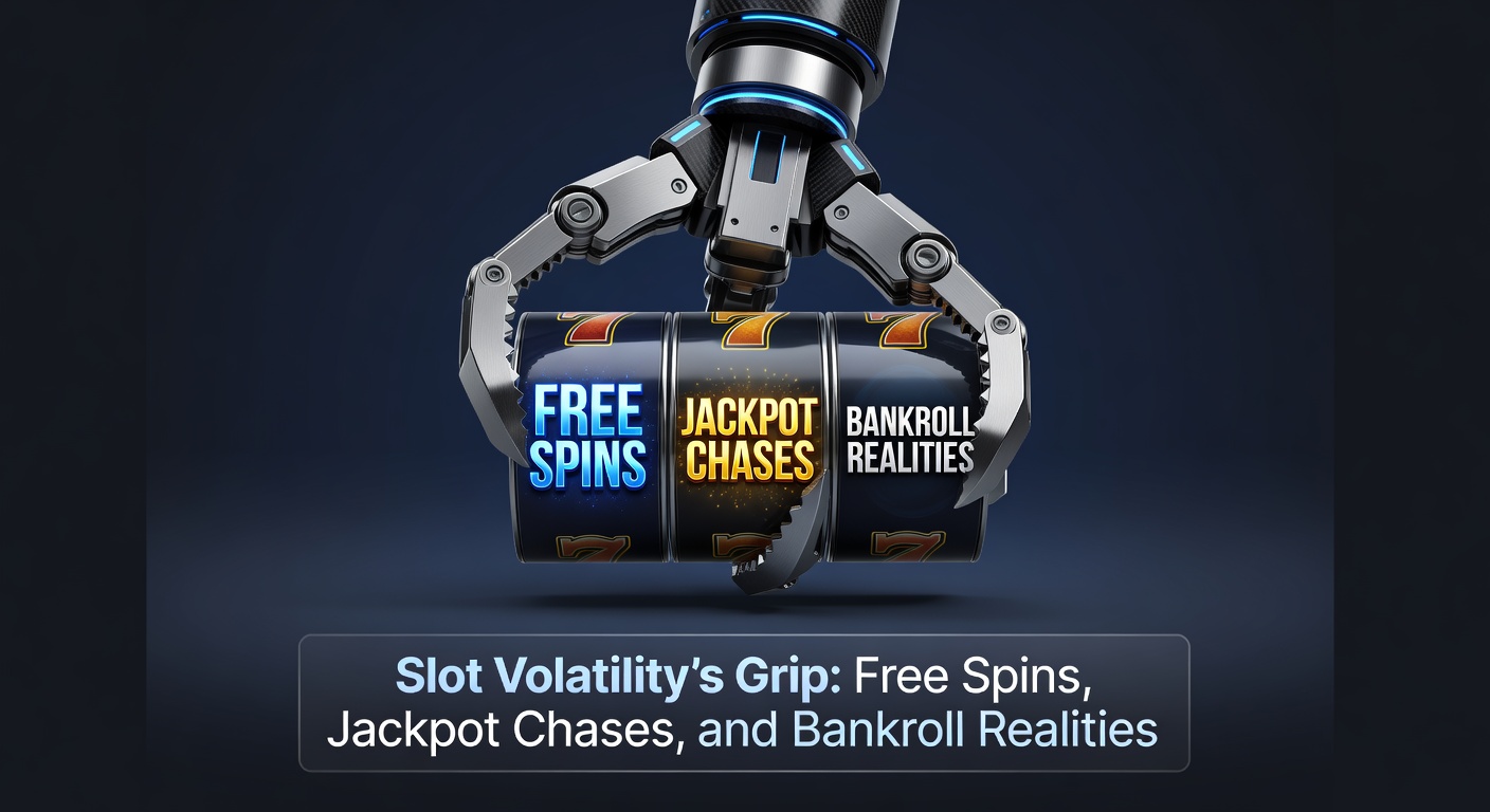 Grafik einer Slot-Maschine mit volatilen Symbolen, die hohe und niedrige Schwankungen darstellt, inklusive Free-Spins-Symbolen und Jackpot-Anzeigen