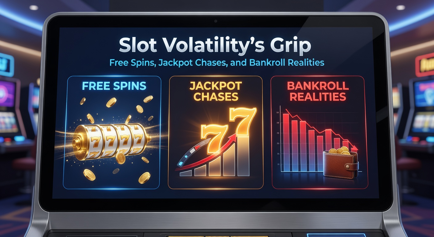 Darstellung einer Bankroll-Kurve bei hoher Slot-Volatilität, mit steilen Tiefs, Free-Spins-Peaks und Jackpot-Möglichkeiten